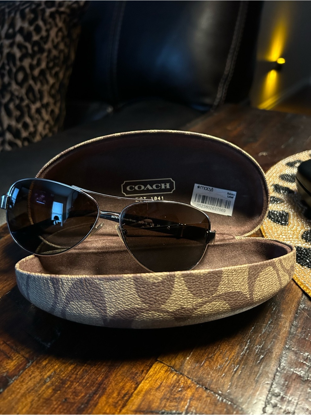 Coach Christina HC7047 Polarized Aviator Sunglasses Silver Blue + Case